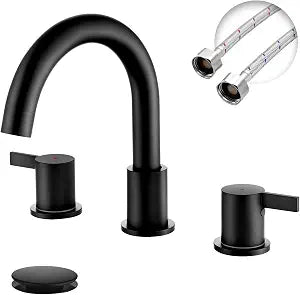 Two Handle Widespread Black Bathroom Faucet 3 Holes, Bathroom Sink Faucet with Metal Pop up Drain Assembly and cUPC Water Supply Lines, Black