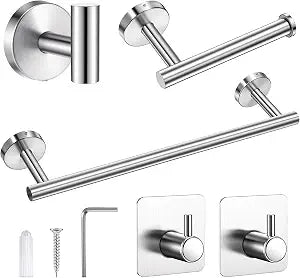 5 Piece Bathroom Accessories Set, Bathroom Hardware Set, Wall Mounted Thickened 304 Stainless Steel Towel Holder Sets, Includes 16" Towel Rod+Toilet Paper Holder+3 Multifunctional Hooks