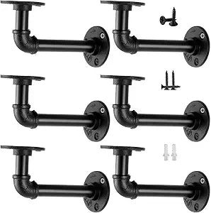 Janyang Industrial Pipe Shelf Brackets for 8 10 12 14 inches Board, Iron L Pipe Floating Shelves, Heavy Duty Metal Shelving Brackets - 6 Pack Black
