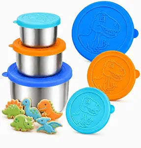 Dinosaur Stainless Steel Snack Containers for Boys Kids Toddlers, Lunch Box Cups, No-Spill Silicone Lids, Reusable Metal Food Storage for Daycare School Travel Snacks, 3 Pack Blue Orange Dino