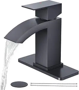 CREA Matte Black Waterfall Bathroom Faucet 1 Hole Single Handle Bathroom Sink Faucet with Pop Up Drain,Stainless Steel RV Vanity Faucet Basin Mixer Tap 3 Hole Plate Water Supply Line