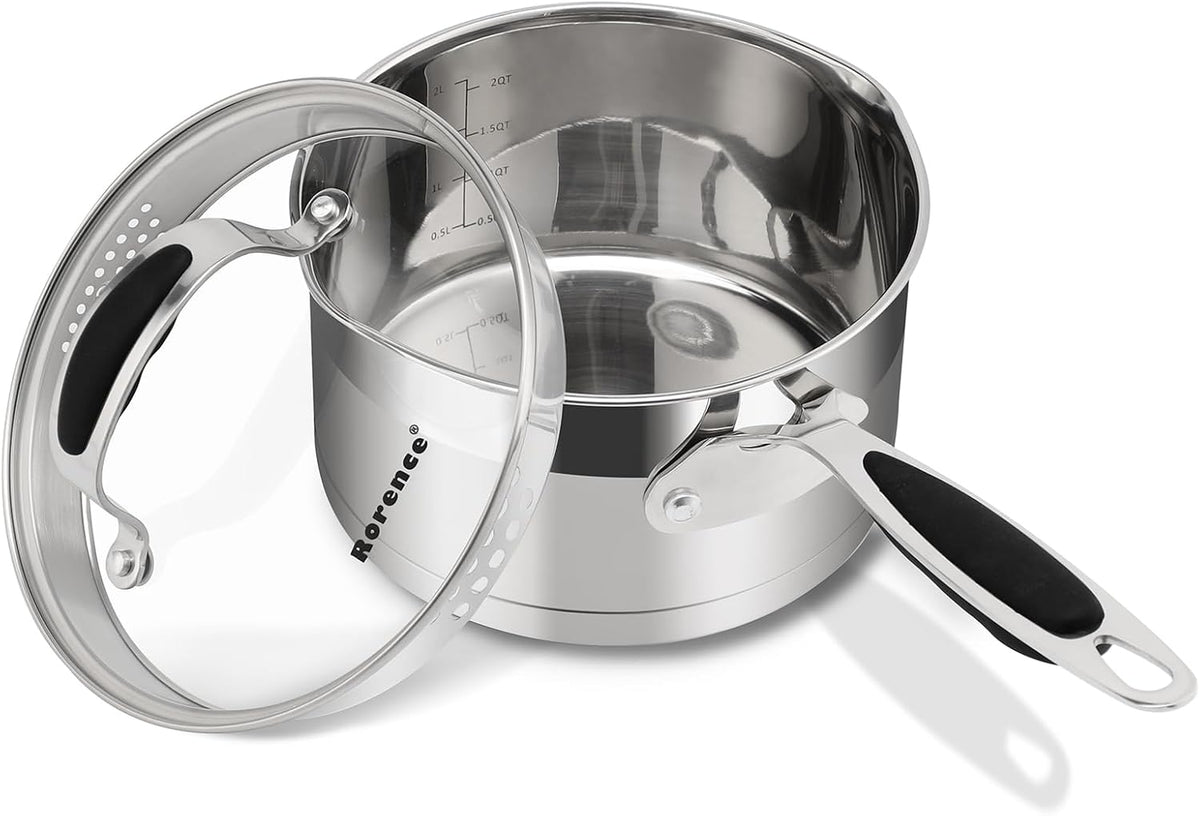 Rorence 2.5 QT Stainless Steel Saucepan, Sauce Pan with Silicone Coated Handles and Pout Spouts, Induction Small Cooking Pot with Clear Transparent Tempered Glass Lid for All Stoves, Dishwasher Safe