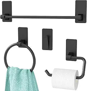 4 Pieces Bathroom Hardware Set, Stainless Steel Bathroom Accessory Set, 16 Inch Bath Towel Bar Set Self Adhesive Towel Racks for Bathroom Wall MountedMatte Black