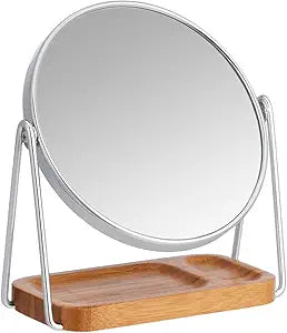 Amazon Basics Vanity Round Tabletop Mirror with 360 Rotation, Double Sided 1x/5x Magnification, Chrome Finish, Squared Bamboo Tray, 7.2"L x 3.35"W