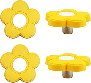4pcs Yellow Flower Shape Knobs - Rubber Cartoon Shape Knobs for Kids' Room, Closet & Cabinet Drawer Pulls - Soft Rubber, 1.8x1.8x0.85 Inch with Screws
