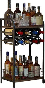 3-Tier Wine Rack Freestanding Floor Cabinet Corner Bar Cabinet Bar Cart,12 Individual Wine Storage Bottle Compartments Corner Bar Cabinet Holder,Wood + Black Frame Liquor Cabinet