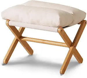 Baveke Ottoman Foot Rest- Bamboo Foldable Stool, Foot Stools Small Ottman with Upholstered & X Legs, Folding Shoe Bench, Bedroom and Living Room, Small Beige(FSC-Certified Bamboo)