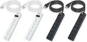 OSKOS Surge Protector Power Strip, 6 outlets, 4FT Extension Cord, 500J Surge Protected, UL Listed, Wall Mountable.4 Pack, 2 White and 2 Black