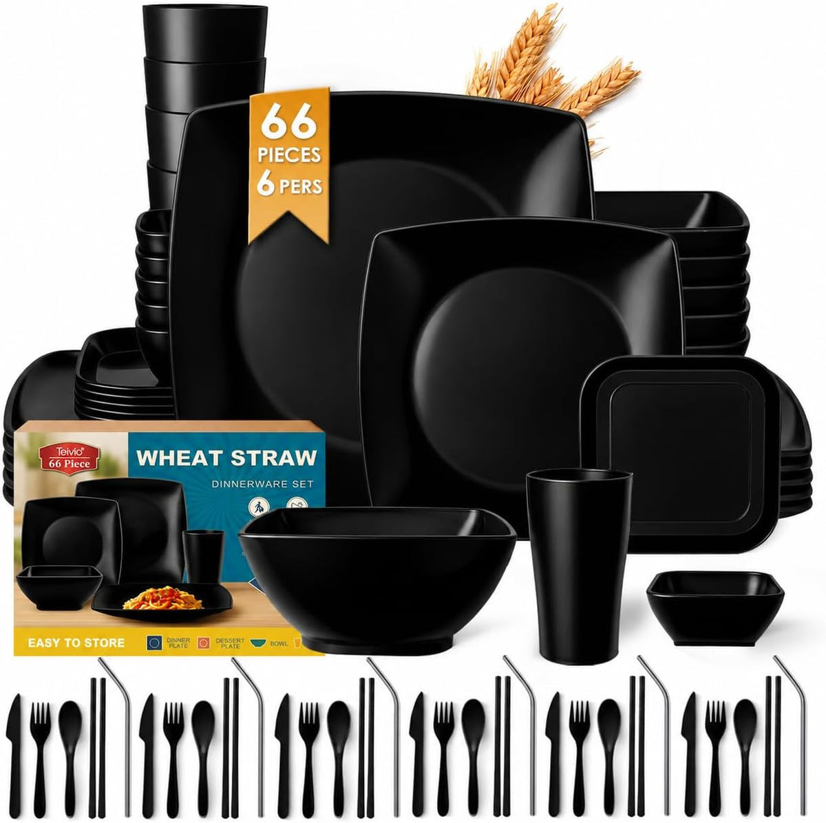 Teivio 66-piece Black Plates and Bowls Sets, Flatware Dinnerware sets for 6