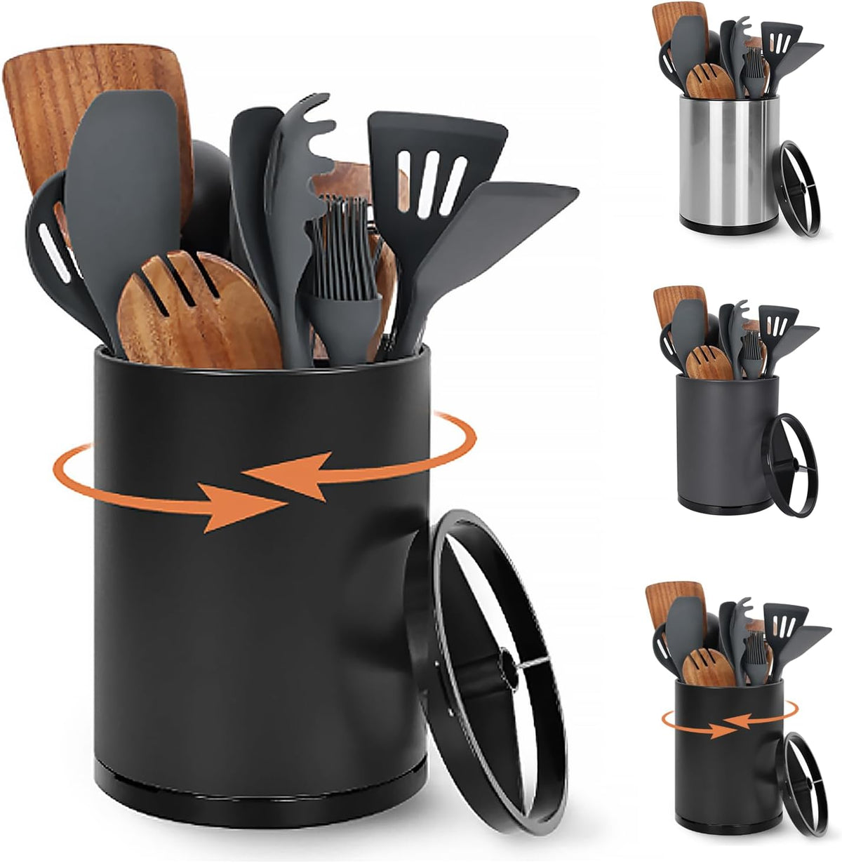 Nigelia Extra Large Kitchen Utensil Holder, 360 Rotating Stainless Steel Cooking Utensil Holder for Countertop, 3 Compartment Flatware Organizer & Cooking Caddy with Removable Baseï¼ˆBlackï¼‰