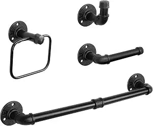 NearMoon 4 Pieces Industrial Pipe Bathroom Hardware Set, Include 18 Inch Towel Bar, Towel Ring, Toilet Paper Holder and Robe Hook, Heavy Duty Rustic Iron Decor Wall Mounted Accessories Kit (Black)