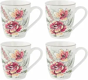 Lorren Home Trends Floral Rose Coffee Mug Set of 4, 12 Oz, Microwave and Dishwasher Safe, Bone China (PINK)