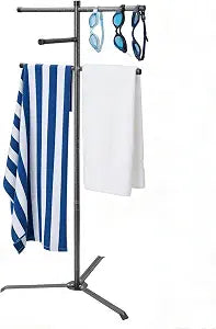 Pool Towel Rack Outdoor, 60" Metal Outdoor Towel Rack with Stable Triangular Base, Free Standing Towel Rack, Hot Tub Accessories Outdoor, 5 Bars Towel Stand for Poolside, Spa, Hot Tub, Black