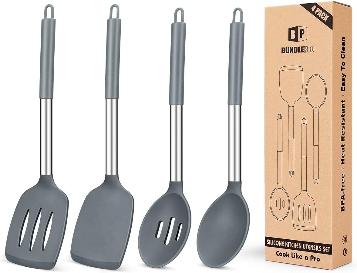 Pack of 4 Silicone Cooking Utensils Set, Non Stick Large Solid Spatulas, Heat Resistant Gray Slotted Spoons, Ideal BPA Free Kitchen Turners for Frying, Mixing,Serving,Draining,Turning,Stirring