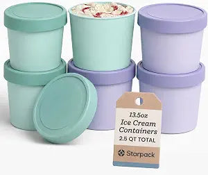 Starpack Freeze The Day Cute Small Ice Cream Freezer Containers 6-Pack - 13.5oz x 6 (2.5Qt Total) Single Serve Tubs, Silicone Lids, BPA-Free, Airtight, Reusable, Homemade Ice Cream, Frozen Yogurt