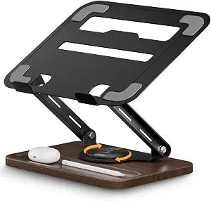 SupeDesk Adjustable Laptop Stand with 360 Rotating Base, Ergonomic Laptop Riser for Desk, Ventilated Notebook Stand with Storage Tray, Wood Base & Silicone Pads for Laptops, Tablets & Books