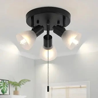 KEESFU 3-Light Black Pull Chain Track Lighting, Adjustable Multi-Directional Ceiling Light Fixture with Glass Shades, Flush Mount for Kitchen Island, Dining Room, Hallway E12 Base (No Bulbs)