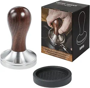 Coffee Tamper Espresso Press with Tamper Mat 304 Stainless Steel Flat Base Wooden Handle for Coffee Grounds Barista Espresso Machines Accessory (58MM)