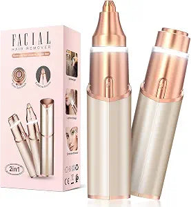 Facial Hair Removal for Women, 2-in-1 Rechargeable Face Shaver for Women & Eyebrow Shaver for Face, Lip, Chin, Peach Fuzz with Light, Rose Gold