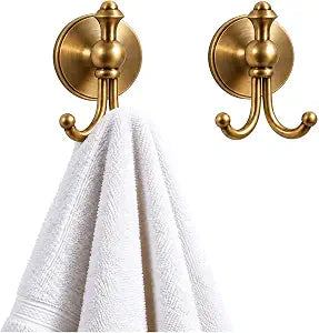 Antique Brass Towel Hooks for Bathroom, 2 Pack WallMounted Heavy-Duty Hooks for Hanging Robes, Coats, Handbags Gold