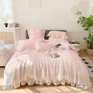 IHOUSTRIY Lace Duvet Cover Twin Size, Chiffon Ruffled Beddding Set with Flower, 2 Pieces Comforter Cover Set with Zipper Closure, Girl Princess Bedding with Pillowcase - Pink, Twin