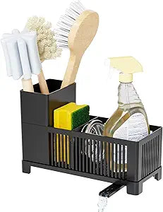 Sink Caddy & Kitchen Sink Organizer,Black Sponge Holder with High Scrub Brush Holder,Plastic Kitchen Countertop Organizer,Multifunctional Sponge Drain Rack,Dish Soap,Dish Sponge Holder,Soap Dispenser