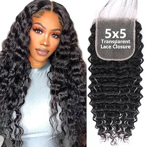 5x5 HD Lace Deep Wave Ultra-thin Transparent Lace Closure 12A Brazilian Virgin Human Hair Closure Free Part Pre Plucked with Baby Hair Natural Black 16 Inch