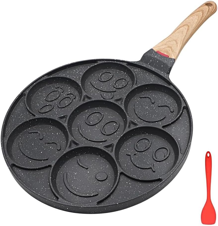 Pancake Pan Induction, Smiley Face Pancake Frying Pan Non Stick, 7 Holes Mini Pancake Maker for Kids 10.4 in - Black