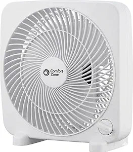 COMFORT ZONE Box Fan, 9 inch Portable Desk fan, Quiet 3 Speed Mini Fan for Bedroom, Electric Bedside Table Fan, White