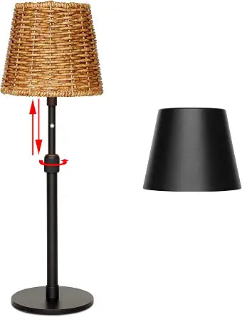 Mr.White Outdoor Waterproof Rechargeable Cordless Table Lamp with Telescopic Pole & Wicker Shade, 5200mAh Battery Operated Table Light with Touch Control, for Patio Restaurant Kitchen (Black)