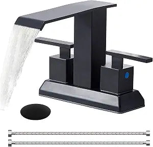 Friho Matte Black Waterfall Bathroom Faucet, 4 Inch Centerset 2 Handle 3 Hole Bathroom Sink Faucet with Pop Up Drain and Hose for Vanity, RV, Lavatory