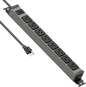 JUNNUJ Heavy Duty Power Strip Wall Mount, 20 Amp Surge Protector 1200J Metal 8 Outlet Under Desk Mounted 20A, Garage Power Table Socket Industrial Outlets 6-20R T-Slot, 10FT 12AWG Extension Cord