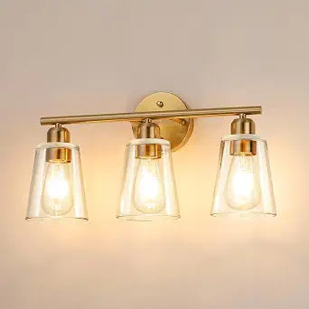 TALOYA 19 Inch Brushed Gold Bathroom Light Fixtures with Thickend Clear Tapered Glass Shade, 3-Light Modern Vanity Light Over Mirror for Bathrooms, Bedrooms (Bulbs Not Included)