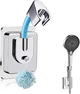 Shower Head Holder Adhesive, No-Drill Adjustable Handheld Shower Head Holder Wall Mount, Chrome Shower Wand Holder Waterproof & Universal Fit for Home, RV & Rental Bathrooms