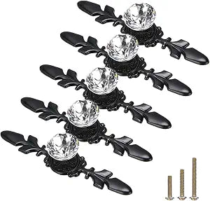 5 Pack Black Diamond Clear Crystal Glass Decorative Knobs with Plate,Drawer Dresser Pulls Handles with 3 Kinds of Screws for Kitchen Bathroom Office Decoration (5 Pack, Small, Black)