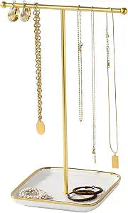 modern T-shaped jewelry rack, jewelry tower, gold metal, square ceramic base decoration display tower, necklace, bracelet, ring storage rack (1-layer ceramic disc)