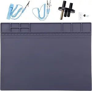 Anti-Static Mat ESD Safe for Electronic Includes ESD Wristband and Grounding Wire, HPFIX Silicone Soldering Repair Mat 932F Heat Resistant for iPhone iPad iMac, Laptop, Computer, 15.9 x 12 Grey