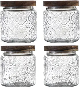 4 Pack Vintage Glass Storage Jars, 16.9 FL OZ Begonia & Sunflower Canisters
