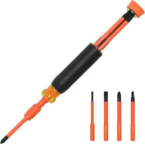 Klein Tools 32604INS 4-in-1 Insulated Multi-Bit Screwdriver, Multi-Bit Driver with Auto-Locking Collar, 1000V Rated, In-Handle Bit Storage
