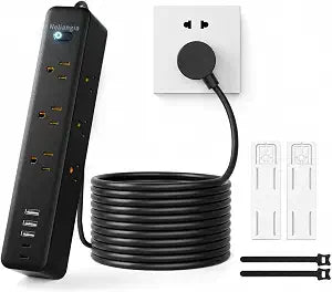 Surge Protector Power Strip with 9 Outlets and 5 USB Ports (2 USB C), Extension Cord with Multiple Outlets, Flat Plug Power Strip 6 Ft Long for Home Office Desktop (Black, 6FT)