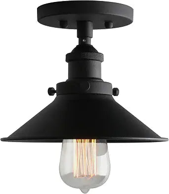 Phansthy Industrial Semi Flush Mount Ceiling Light, 1-Light Pendant Light with 8.1" Metal Shade, Vintage Hanging Lamp for Bedroom Kitchen Living Room Dining Room (Cone Metal Shade -Black)