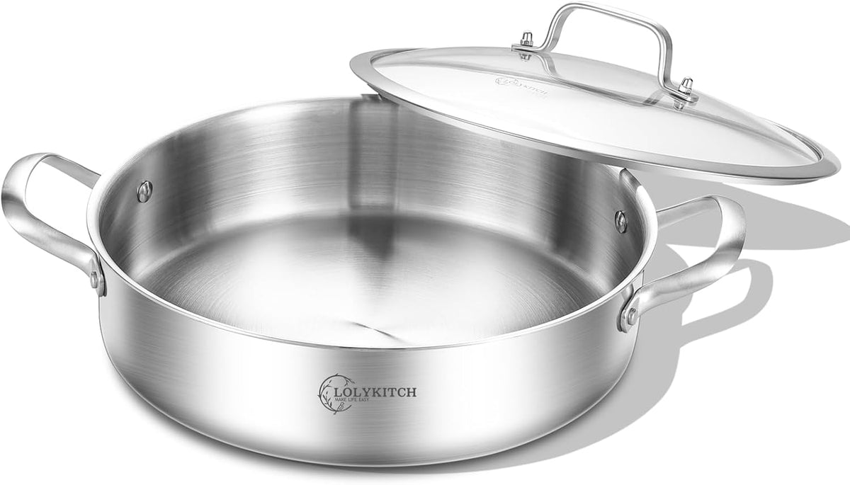 LOLYKITCH 6-Quart Stainless Steel SautÃ© Pan with Lid | Tri-Ply | 12 Inch