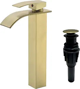Tall Bathroom Vessel Faucet Champagne Brushed Gold, Waterfall