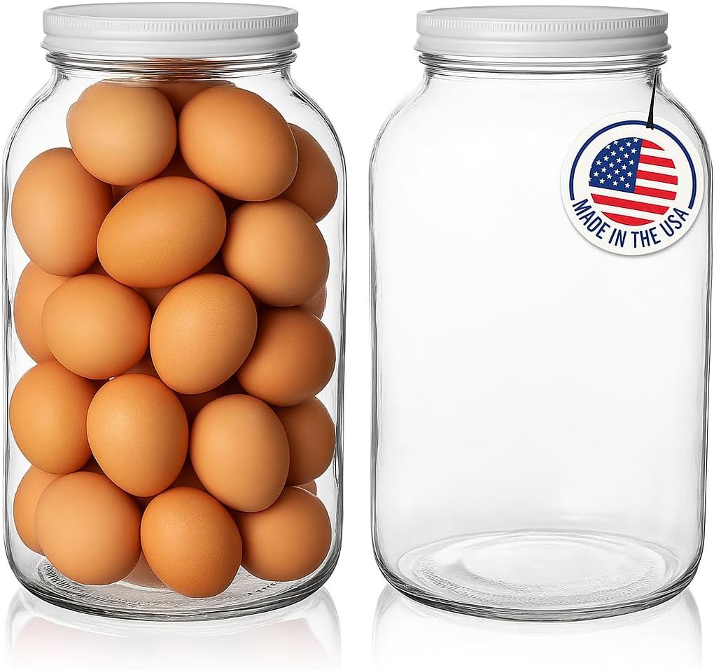 kitchentoolz 1 Gallon Glass Mason Jar with Airtight Lid for Water Glassing Eggs & Pickled Egg with Pickling Lime- Wide Mouth, BPA-Free, Made in USA - 2 Pack