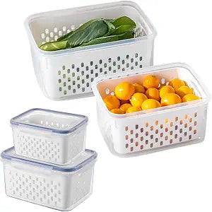 2 Pack Fruit Storage Containers for Fridge with Removable Drain Basket Lid