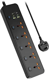 Universal Power Strip with USB Ports, Individual Swtich, 6ft Power Cord, 5 Universal AC Outlets, 4USB C and 2USB (5V/4.2A), Max 3000w, 110-240V, Child Safe Door, Multi Plug Power Strip for Travel