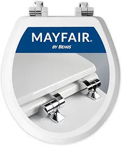 Mayfair Bennett Toilet Seat with Chrome Hinges, Slow Close Wood Seat, Secure Metal Hinges, Easy Install, Made in USA, Round, White
