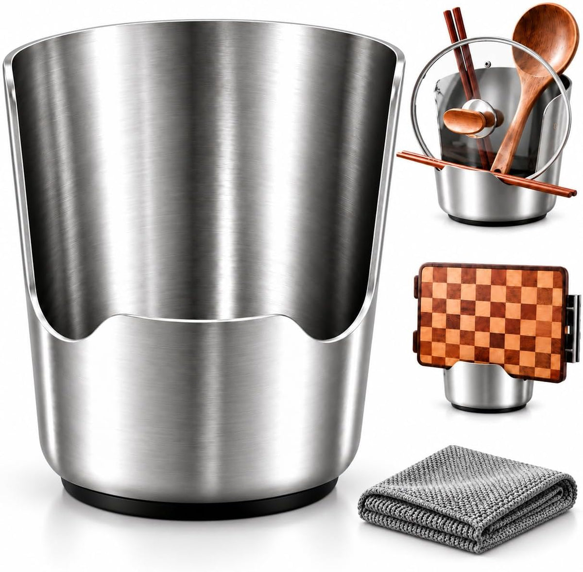 Heavy Duty Thickened 304 Stainless Steel Spoon Rest and Pot Lid Holder, Multi-Functional Kitchen Utensil Holder with U-Groove, Countertop Spoon Holder with Absorbent Microfiber Cleaning Cloth