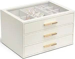 VLANDO Jewelry Box Organizer, 3-Layer Storage Drawers, Glass Window, Modern
