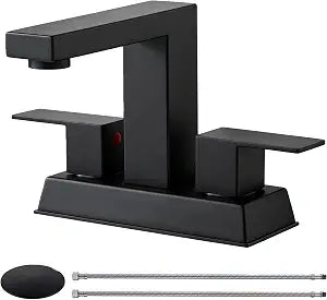 KINGO HOME Black 2 Handle Centerset Bathroom Faucet,Matte Black 4 Inch Bathroom Sink Faucet Modern Vanity Faucets for Sink 3 Hole Lavatory Bath Faucet with Lead-Free Supply Hose and Pop up Drain